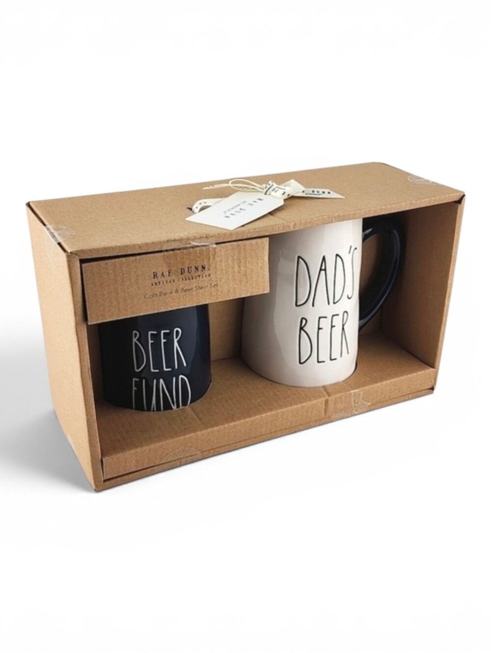 NWT Rae Dunn Dad's 2 Pc Beer Stein Mug Beer Fund Coin Bank Gift Set Blue White